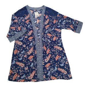 DR2 Womens Floral Print Kimono Cardigan XL 100% Rayon Blue & Pink Lightweight.